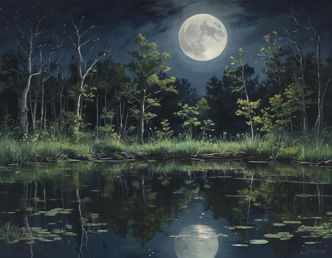 Moonlit Pond: A Gouache Painting at Night