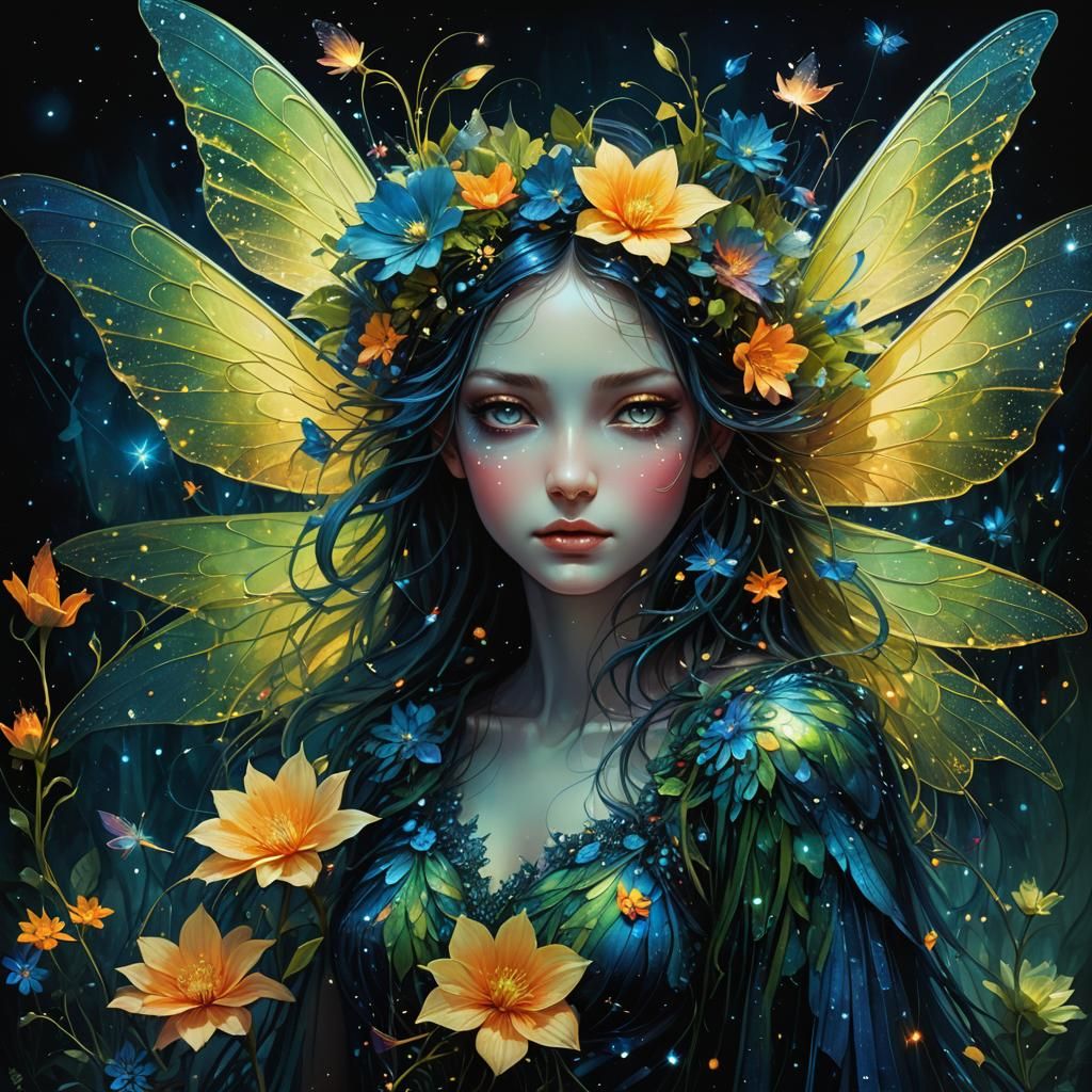Luminous Fairy with Cosmic Flowers Collage Art