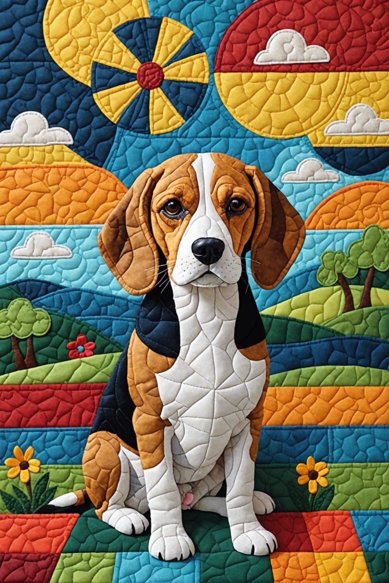 Quilted Beagle Art Made with Mixed Fabrics