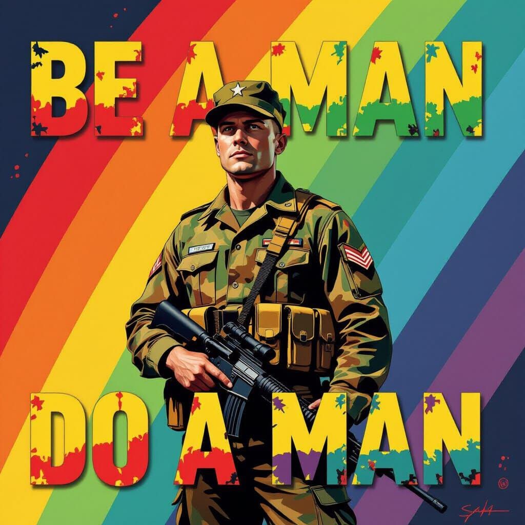 Soldier Against Rainbow with "BE A MAN" Text