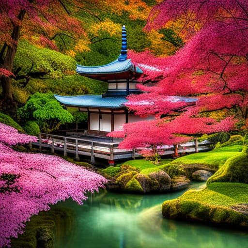 Ancient Japanese Temple Garden with Cherry Blossoms