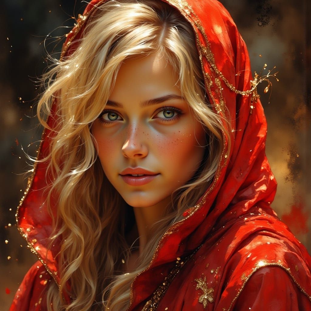 Fantasy Maiden with Red Cloak in High Contrast