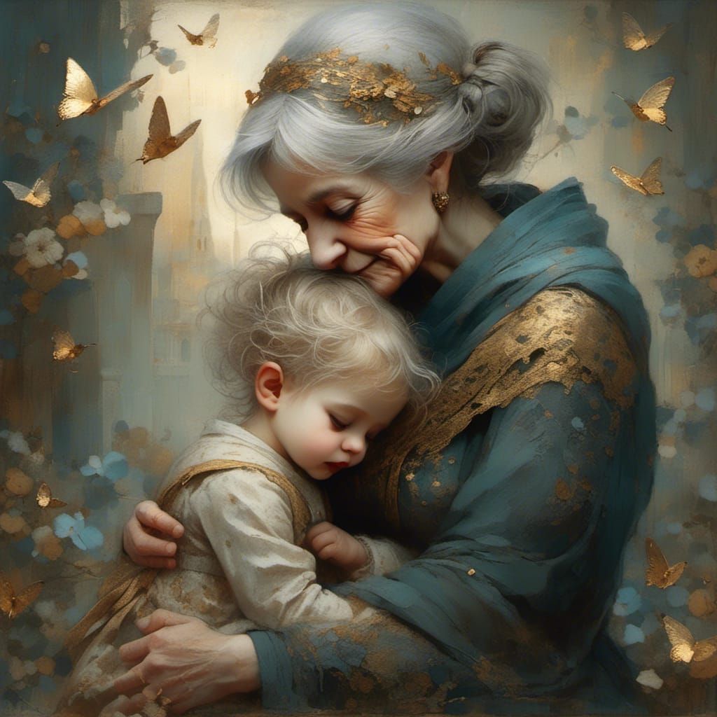 Grandmother Comforts Toddler: Vintage Illustration