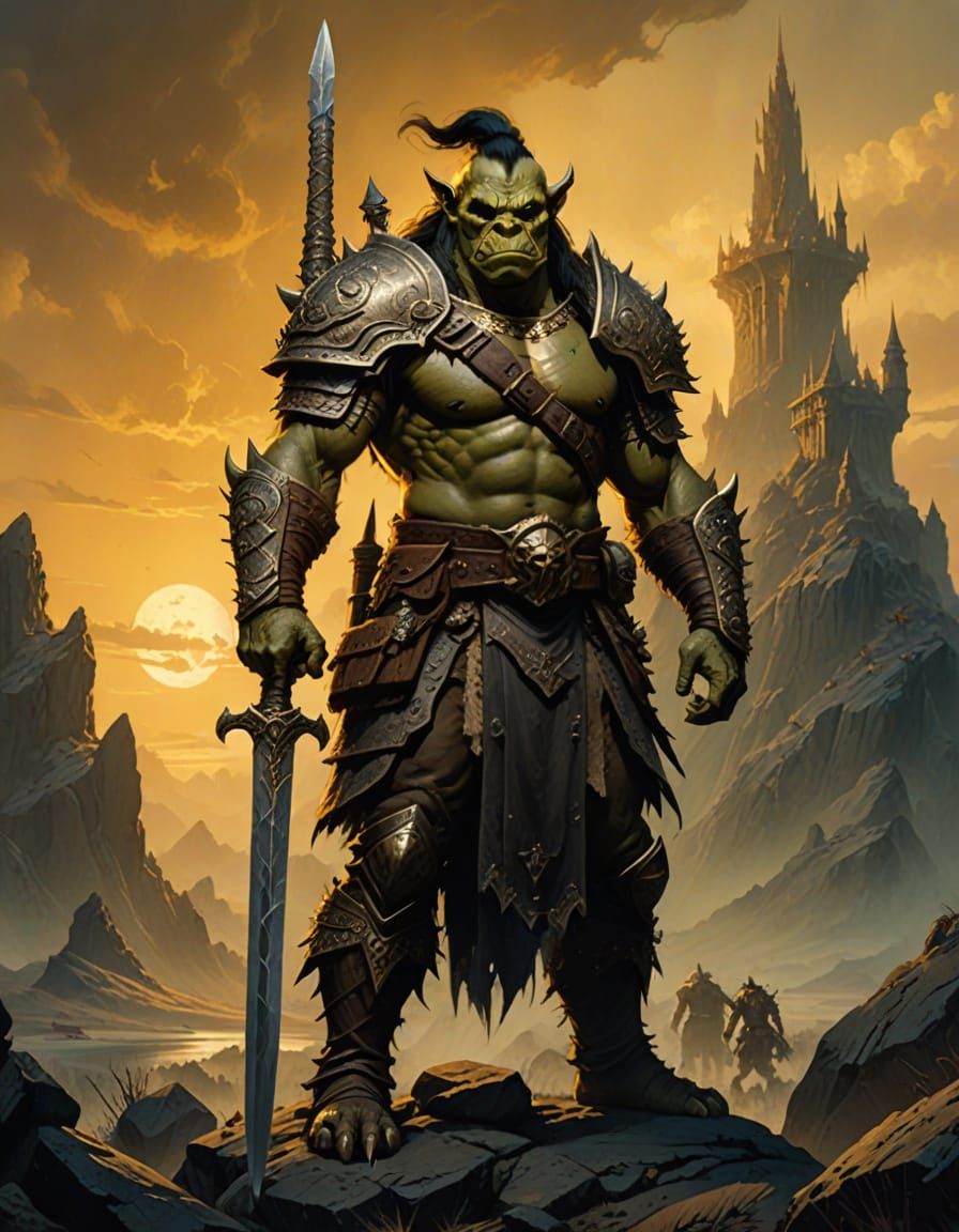Orc Scout in Desolate Landscape, Frank Frazetta Style