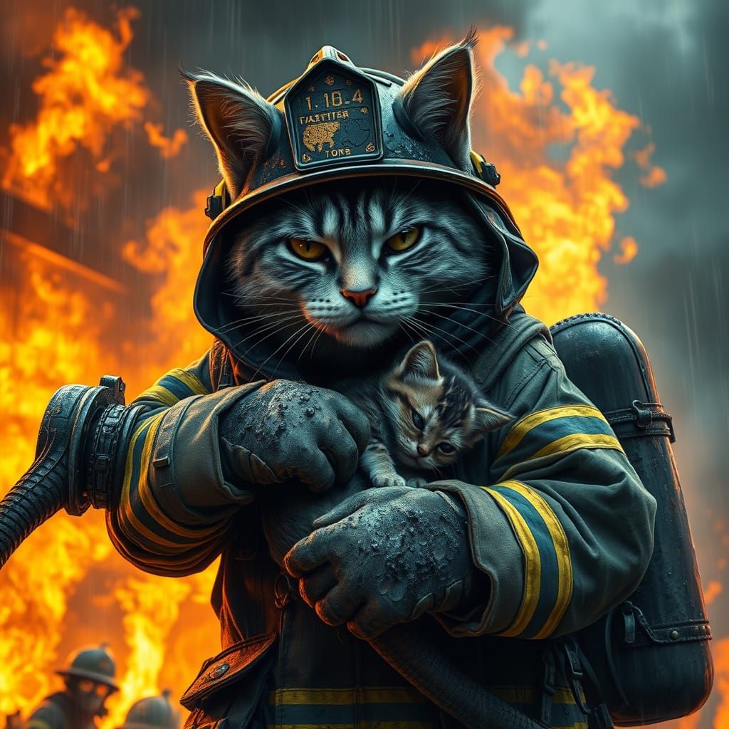 Heroic Firefighter Cat Battles Blaze