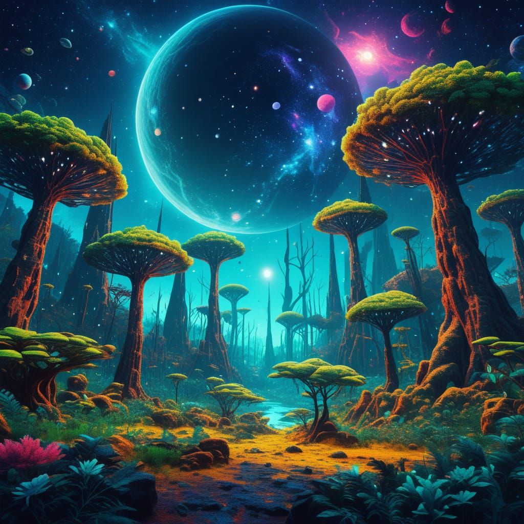 Cosmic Forest on Alien Planet in Astral Illustration Style