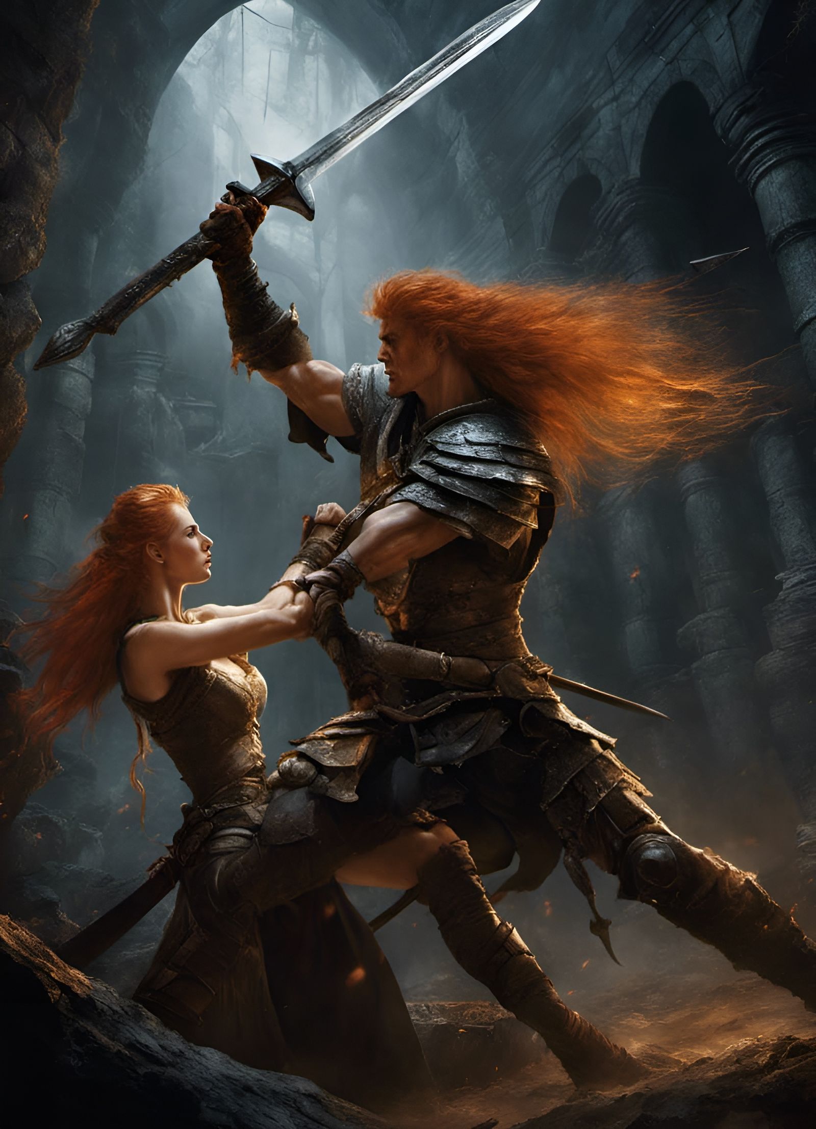 Adventuress Battles Orc in Dark Dungeon, Digital Art