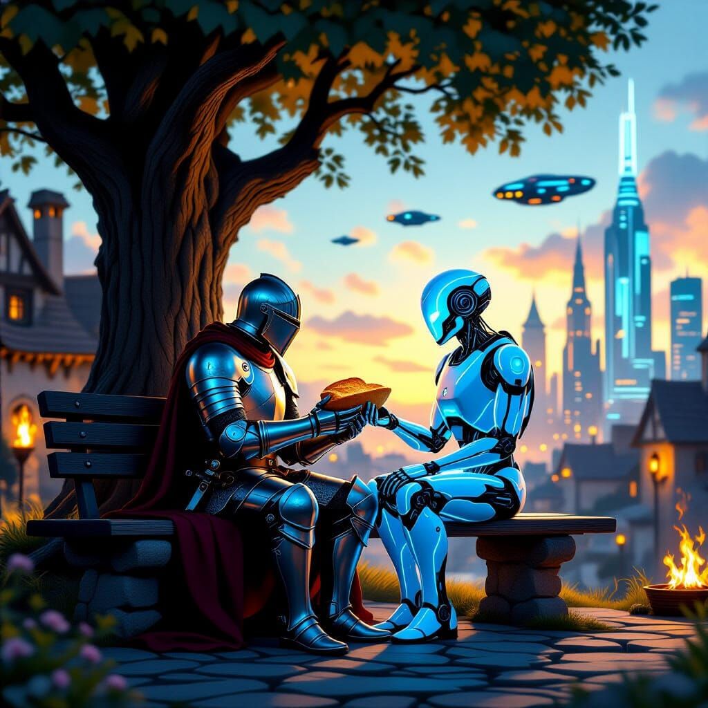 Knight and Android Share Bread: Fantasy Sci-Fi Masterpiece