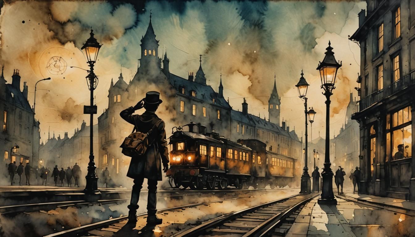 Boy Waving at Train in Steampunk Ink Painting