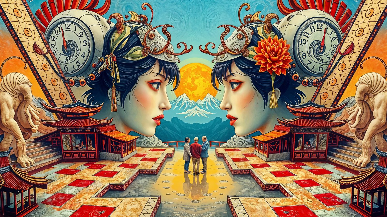 Surreal Symmetrical Portrait in Japanese Art Style