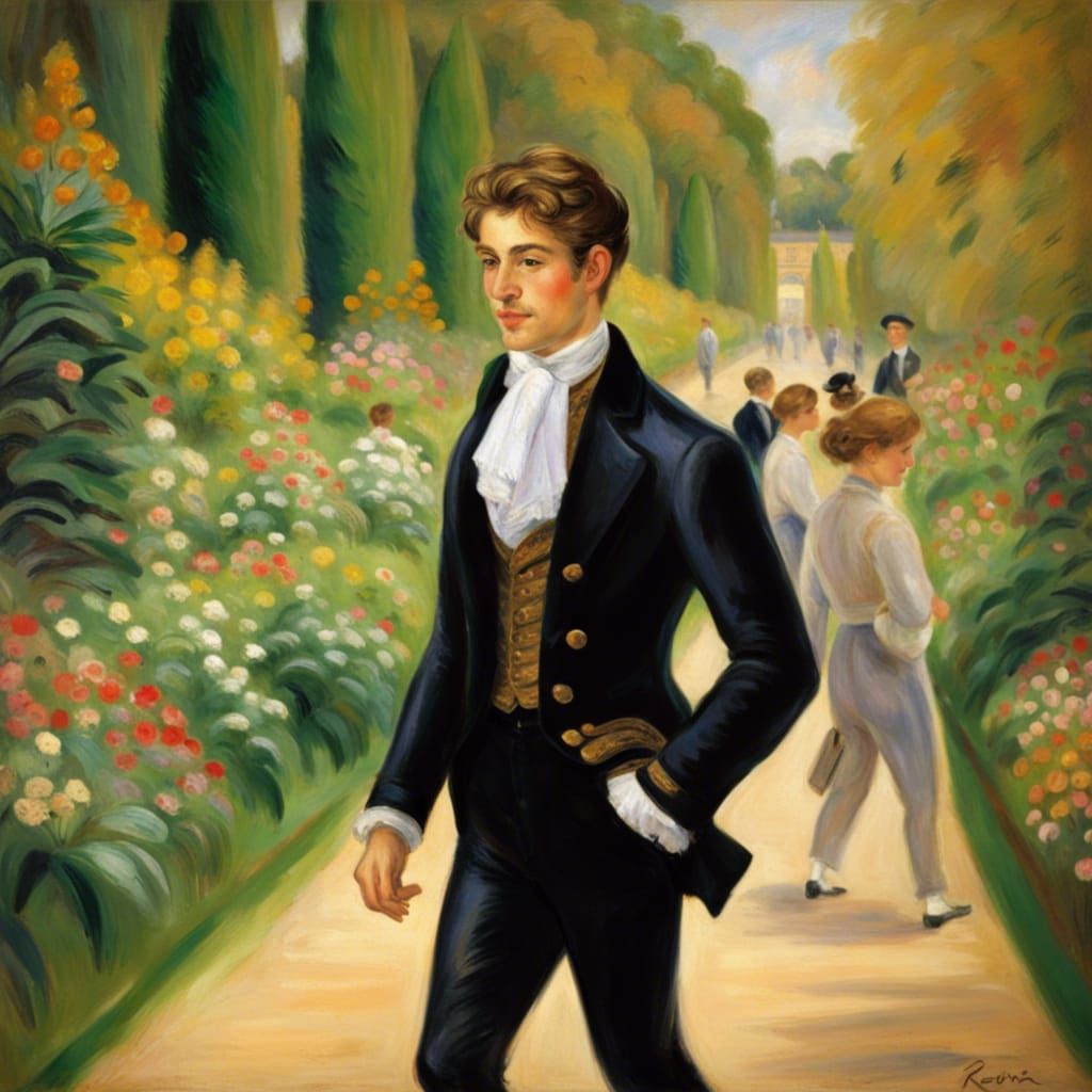 Young Man Strolls Versailles: Impressionist Style