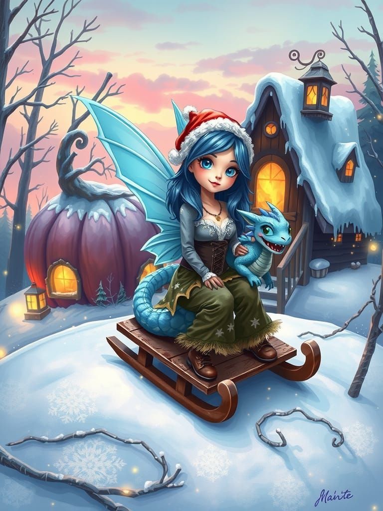 Chibi Witch Fairy Rides Dragon Sled Past Pumpkin Cottage in ...