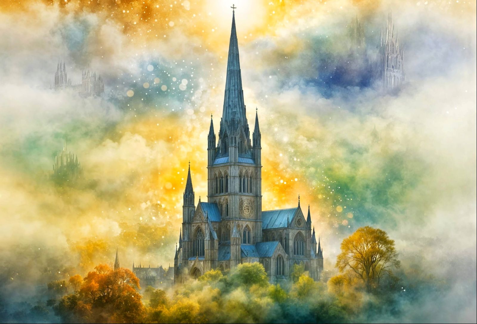 Ethereal Watercolour of Salisbury Cathedral Spire