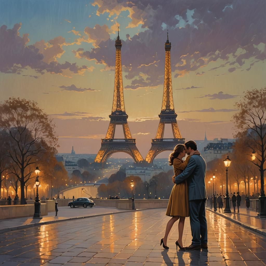 Romantic Eiffel Tower Scene in Vintage Poster Style