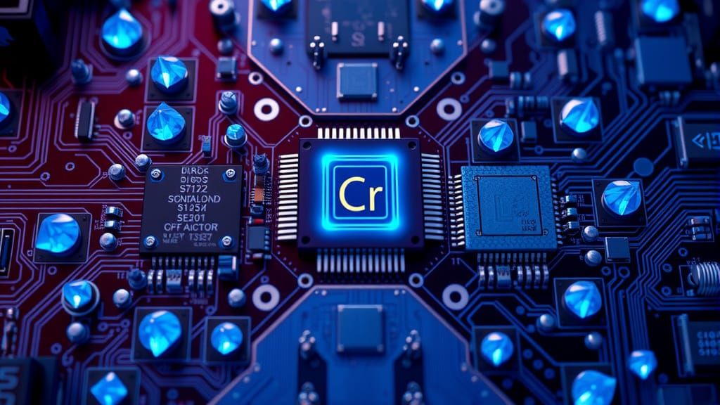 A computer PCB processator, made with many blue diamonds and...