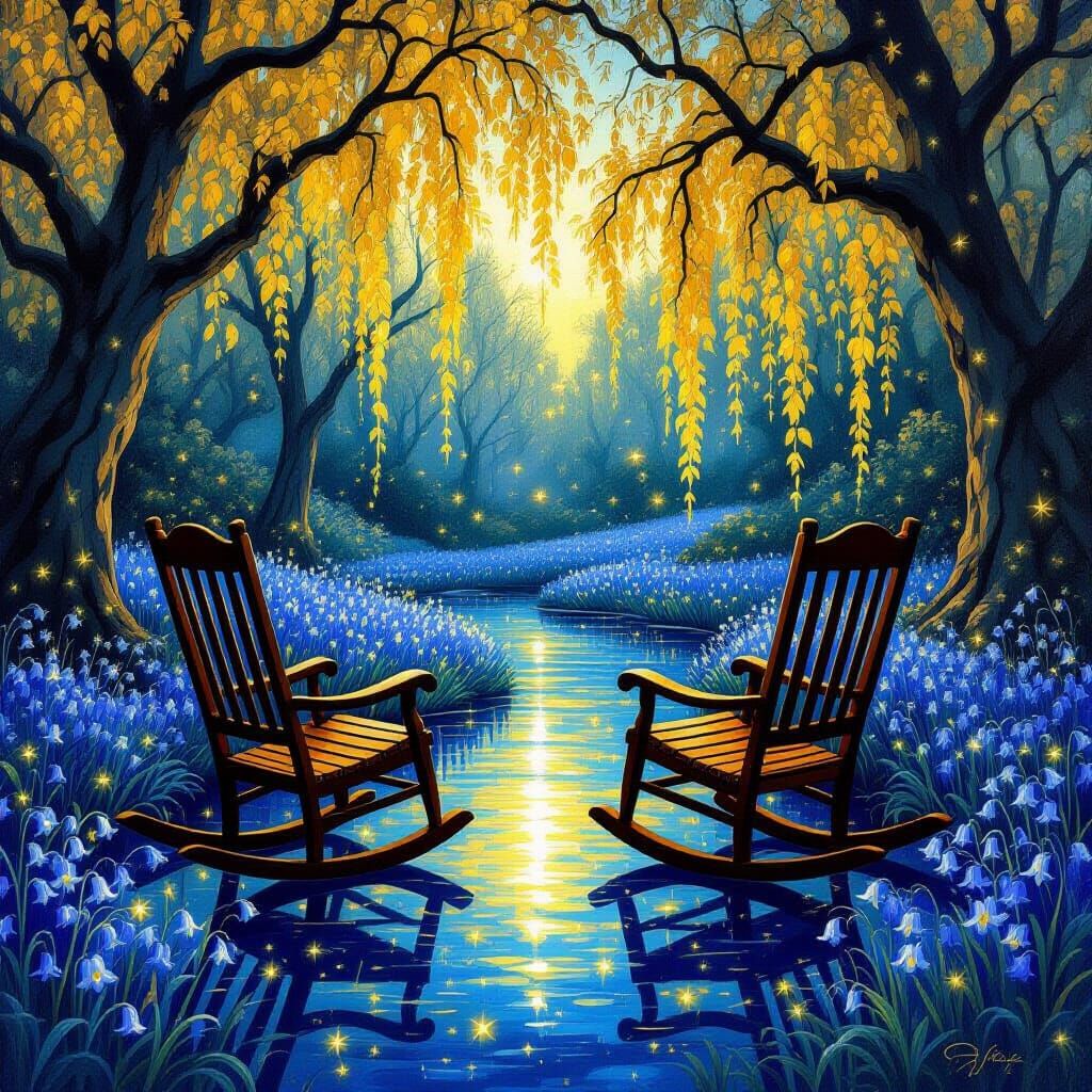 Enchanted Rocking Chairs in Twilight Garden, Art Nouveau Sty...