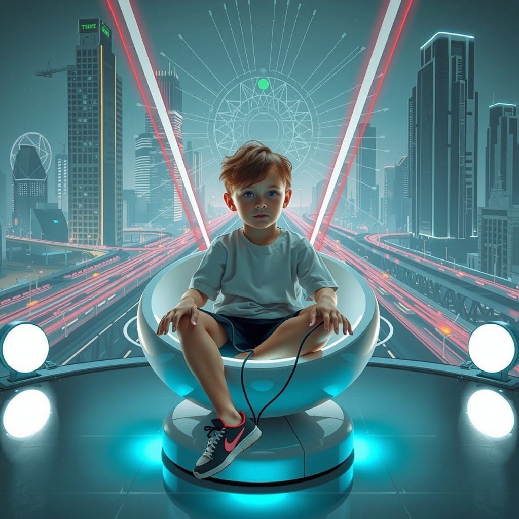 Cyberpunk Boy in Futuristic Cityscape