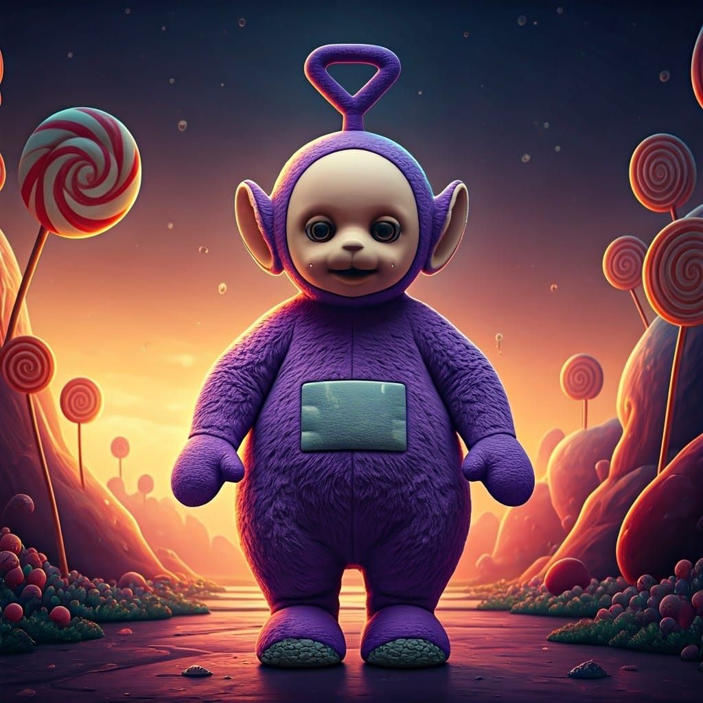 Hyperrealistic Teletubby in Whimsical Candyland Wonderland