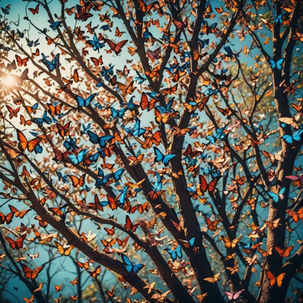 Tree Covered in Countless Colorful Butterflies