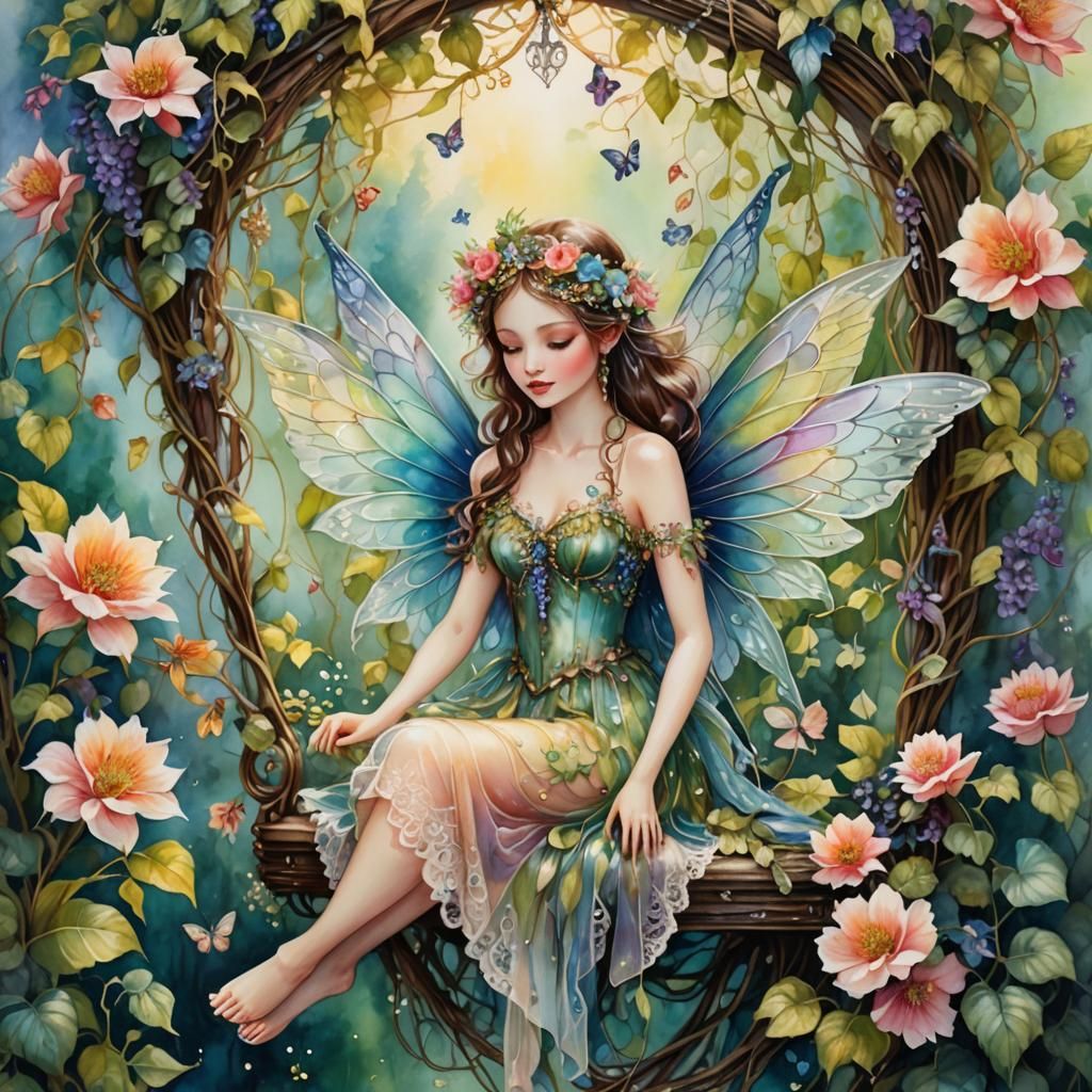 Luminous Fairy in Floral Swing, Watercolor Illustration