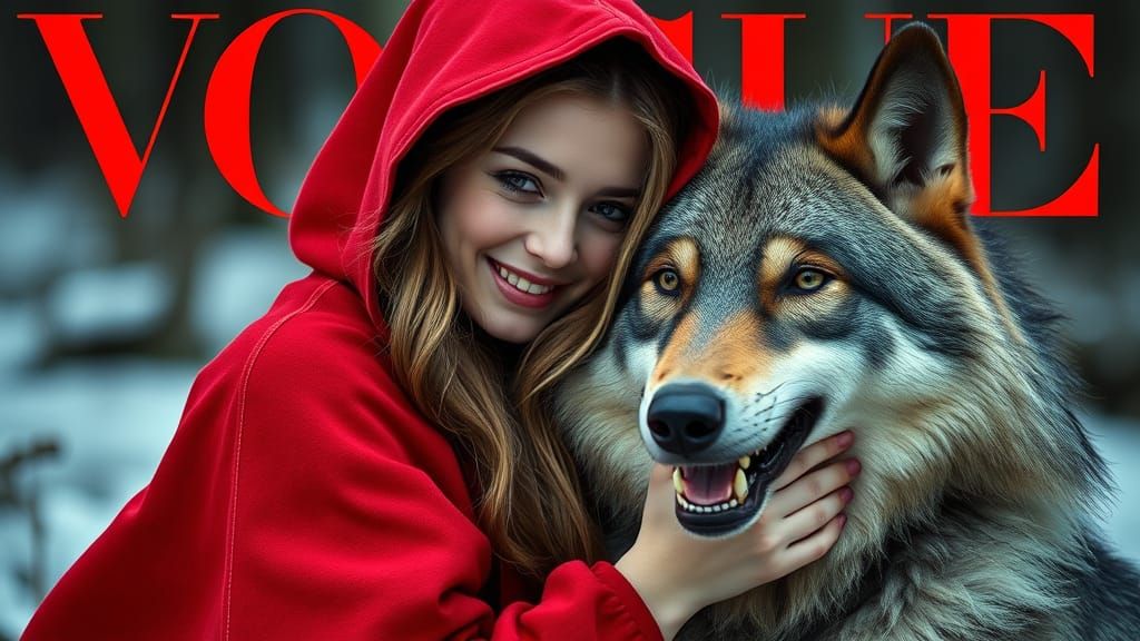 Little Red Ridinghood in High Fashion, Cuddling with the Wol...