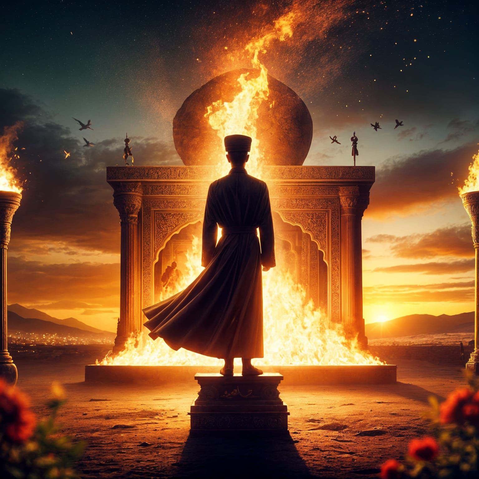 Zoroastrian Saoshyant Silhouette Before Persian Fire