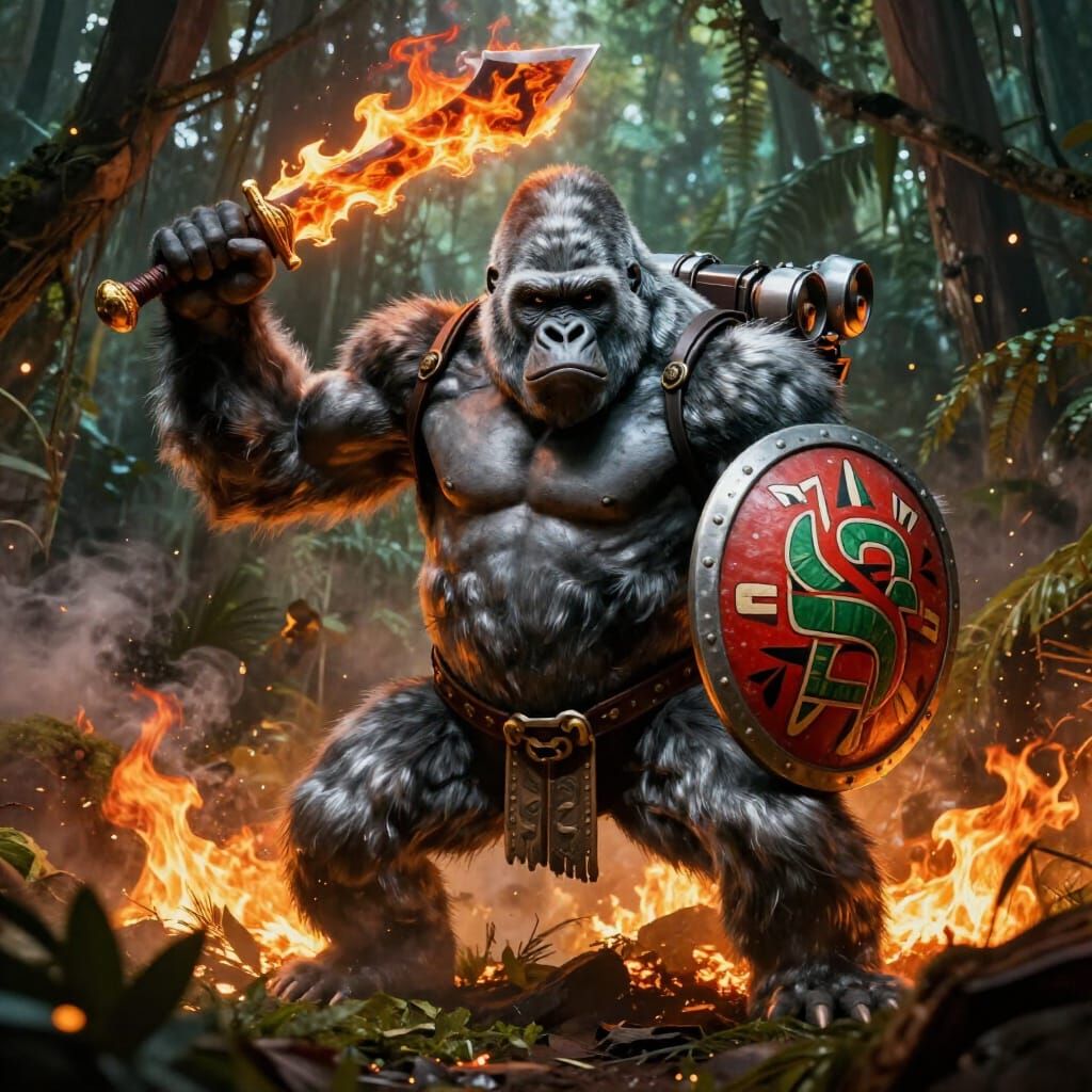 Gorilla Warrior with Flaming Sword in Burning Jungle