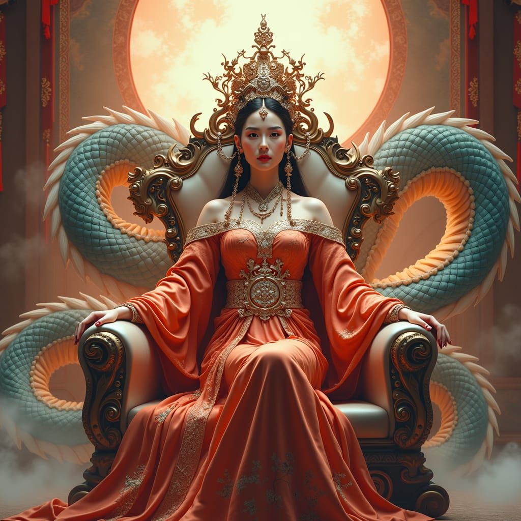 Asian Goddess on Dragon Throne in Fantasy Art