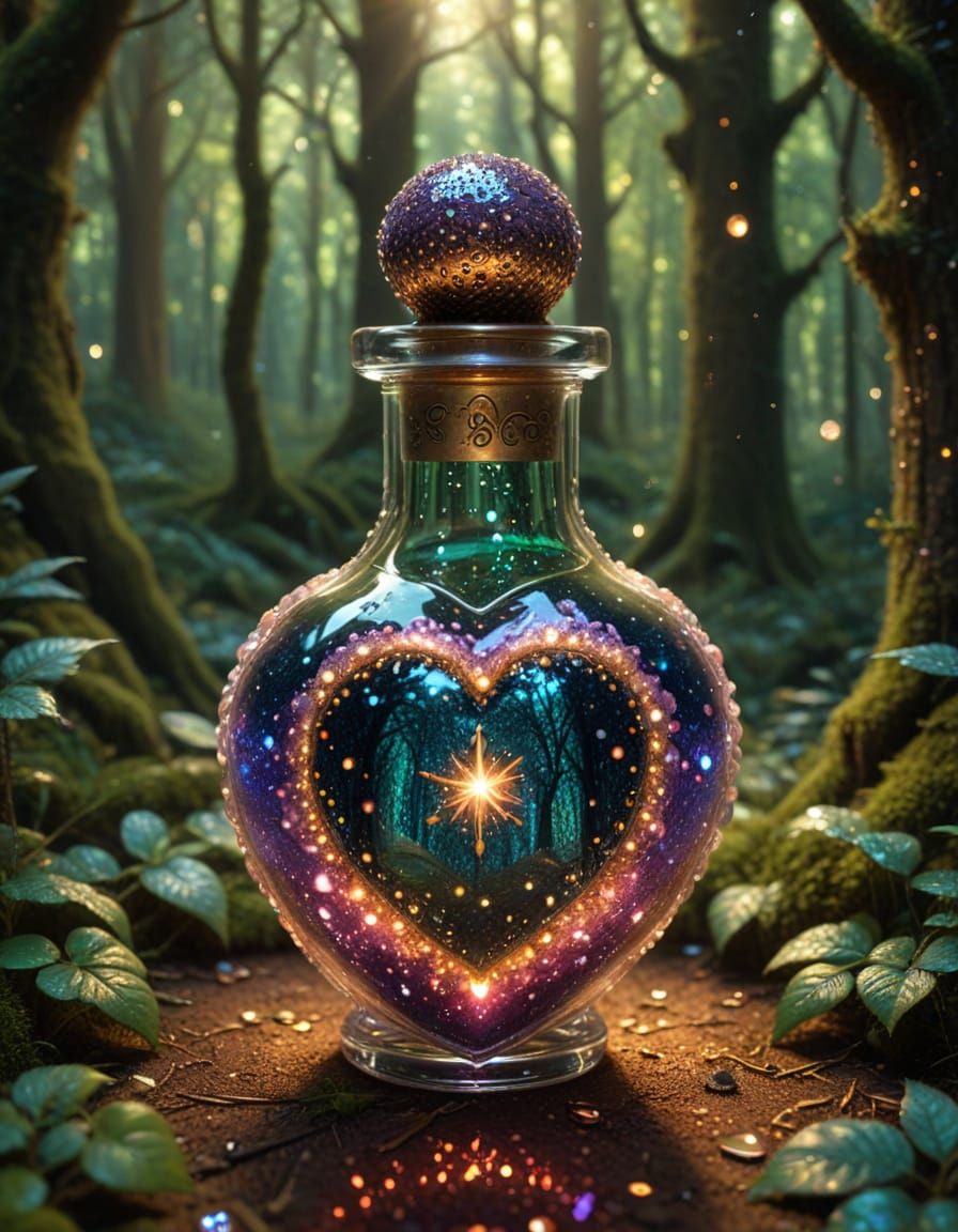 Enchanted Potion in a Crystal Vial, Surrounded by Magical Ru...