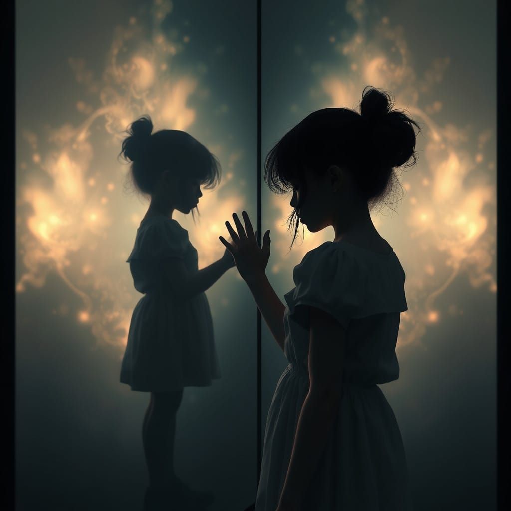 Girl in Contemplative Pose Before Mystical Mirror