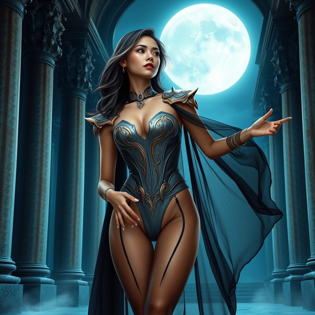 Vietnamese Priestess in Ornate Temple Under Moonlight