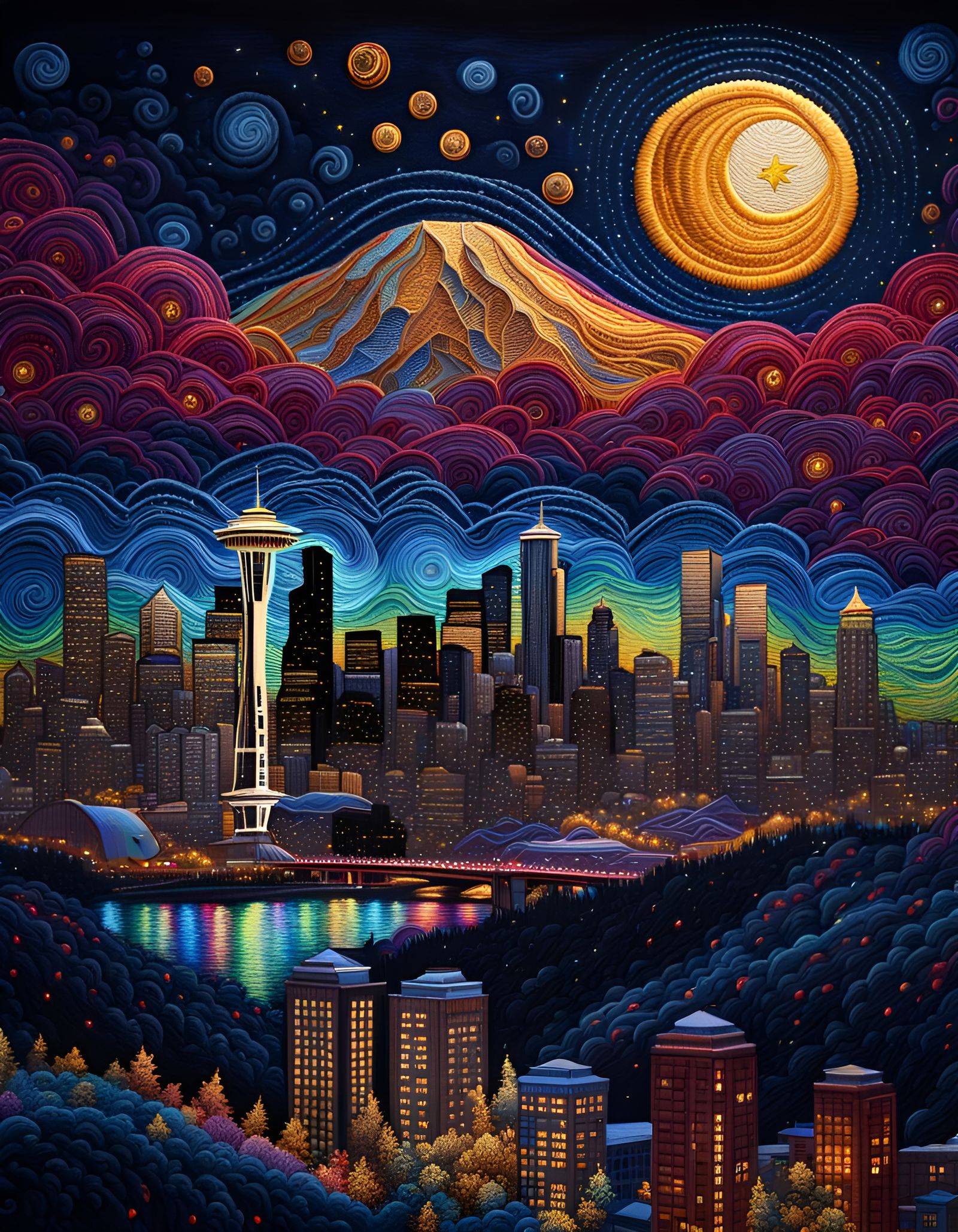 Seattle at Night: Embroidered Cityscape