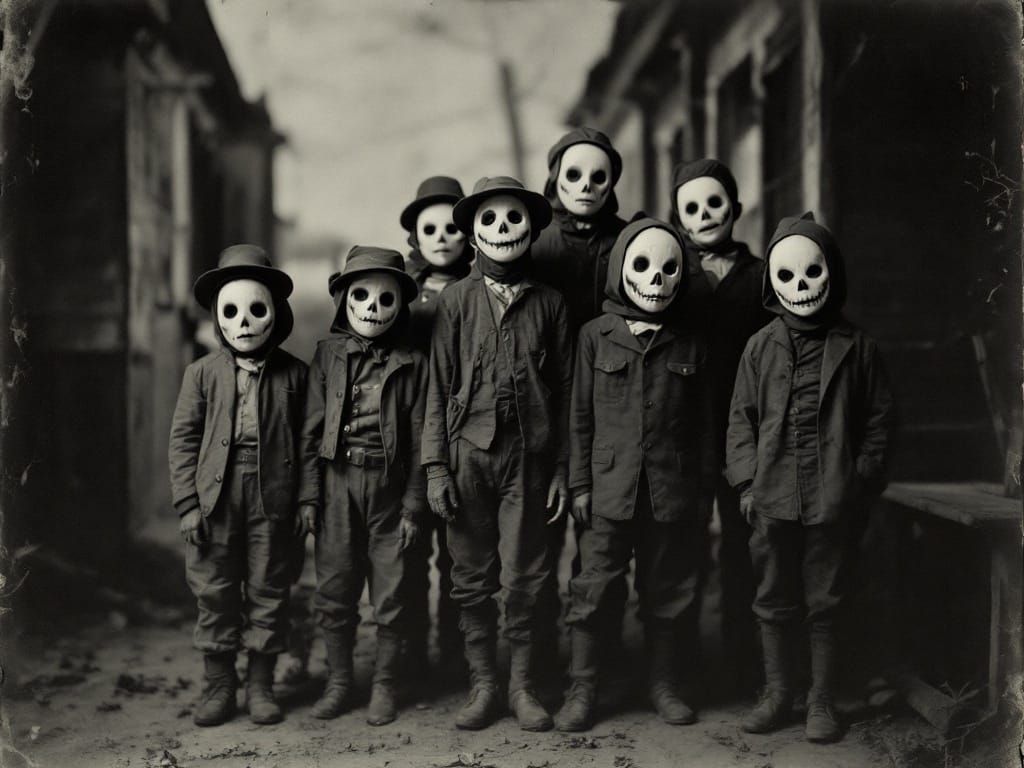 Vintage Children in Creepy Halloween Masks, Faded Black and ...