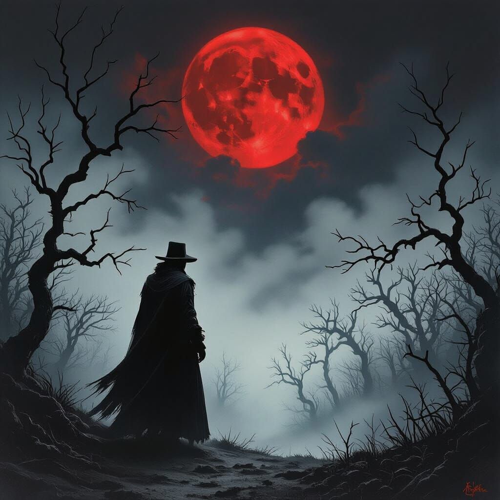 Silhouette Against Blood Moon in Gothic Horror Style