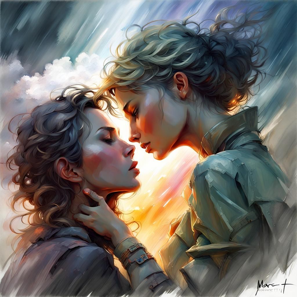 Passionate Lesbian Kiss in Stormy Fantasy Landscape