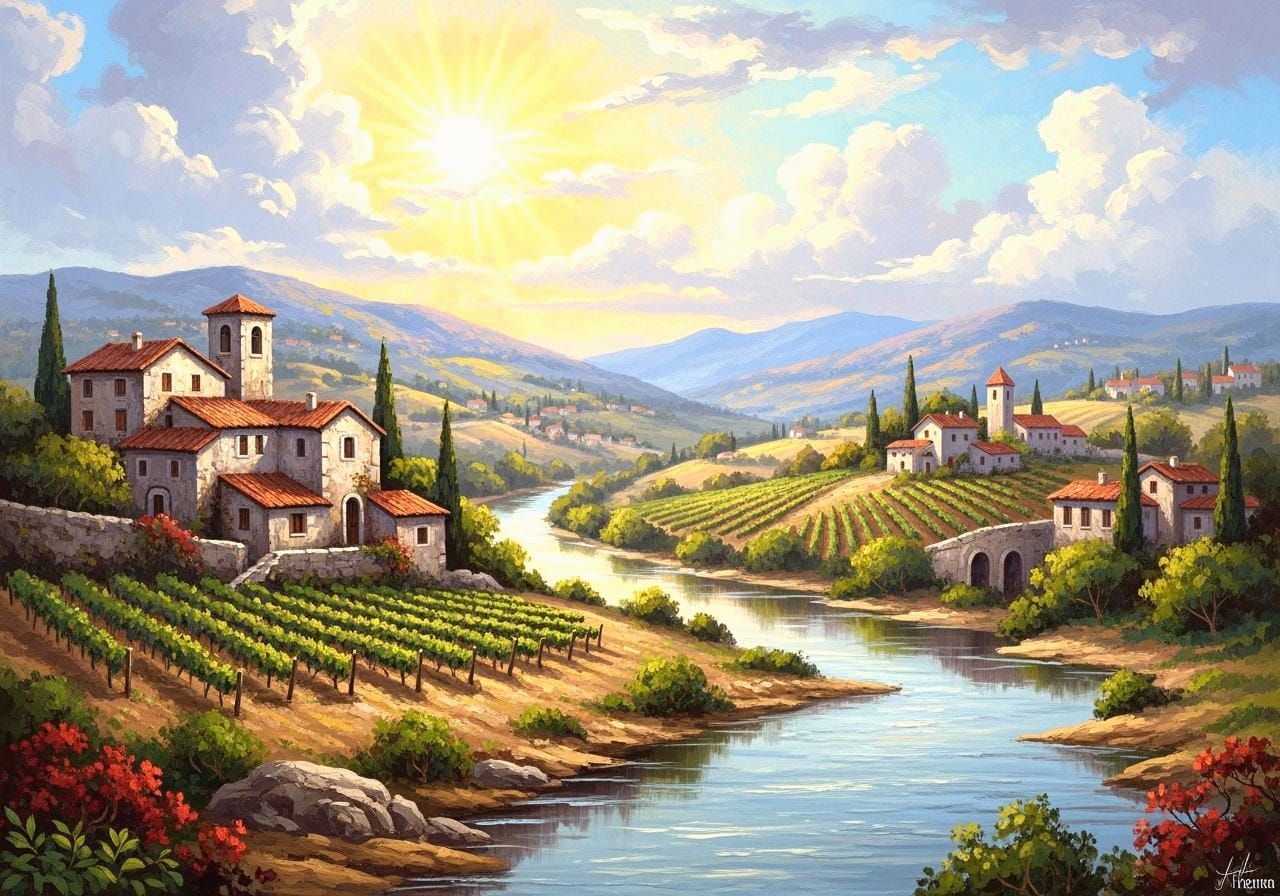 Italian Countryside Landscape in Hyperrealistic Impasto Styl...