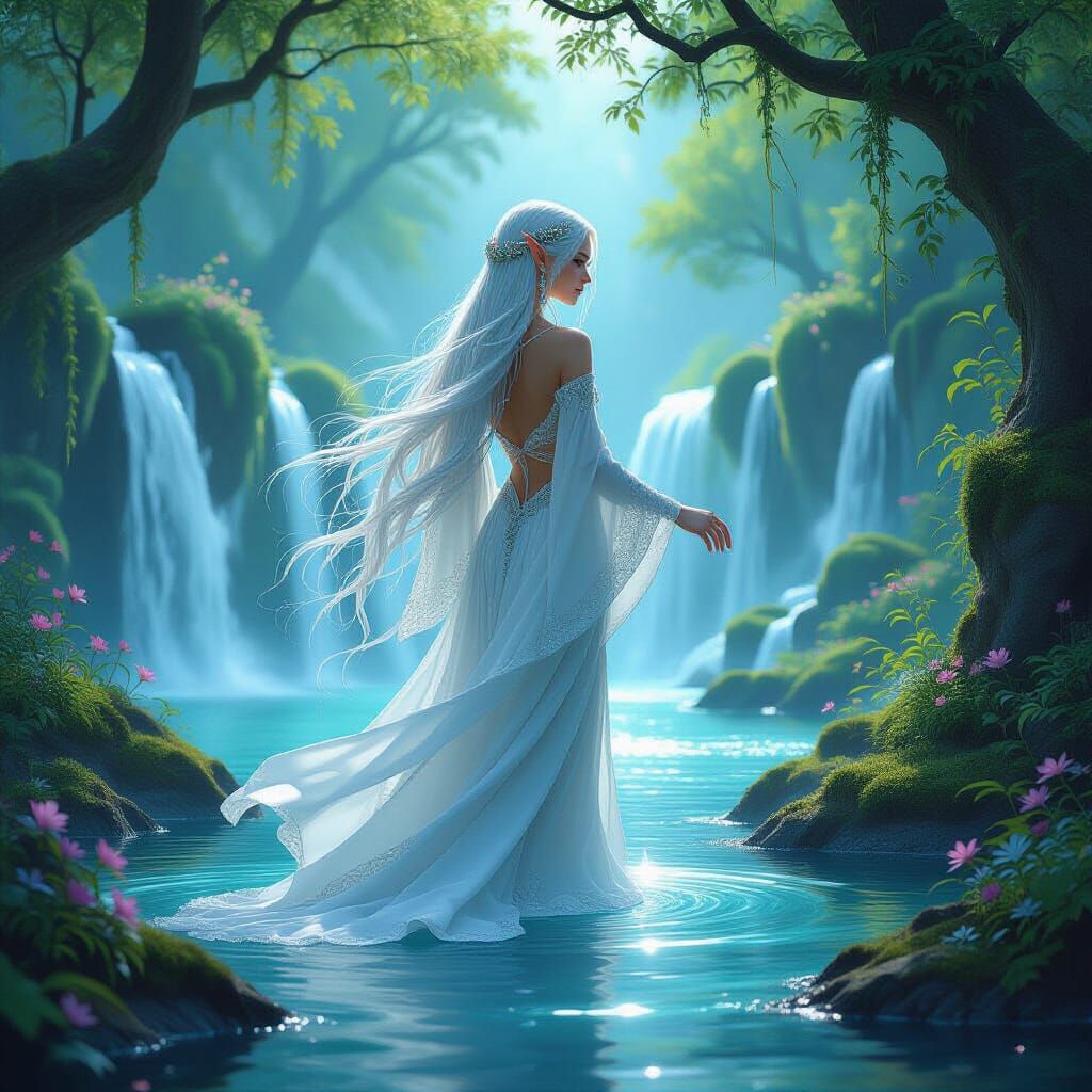 Enchanted Elven Sanctuary with Waterfalls, Fantasy Realism