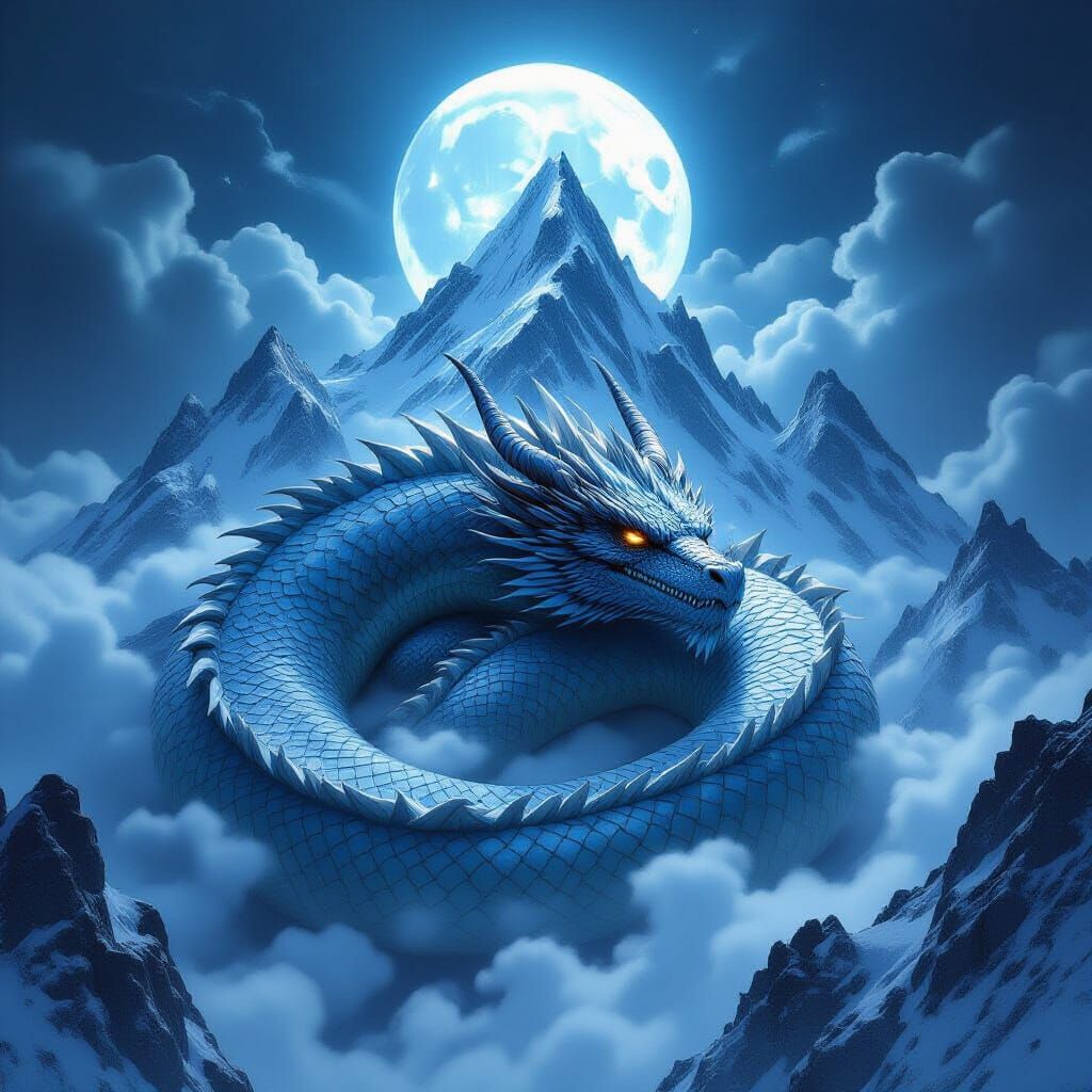Ancient Dragon Sleeps on Snowy Mountain Peak in Moonlight