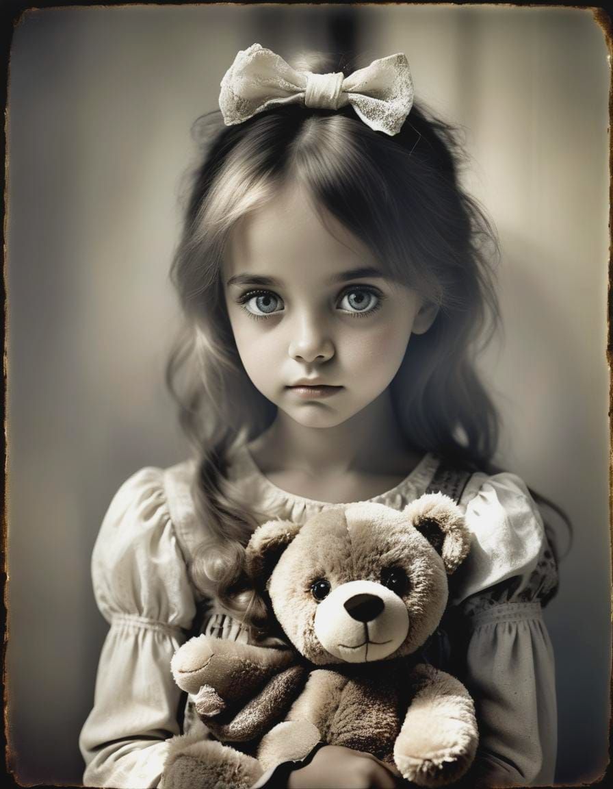 Nostalgic Portrait of Girl with Teddy Bear