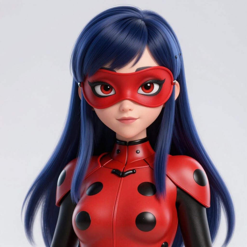 Ladybug Heroine with Dark Blue Hair in 3D Anime Style