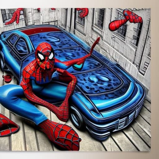 3d hd whimsical stylized surreal gothic spiderman car  made of denim patchworks