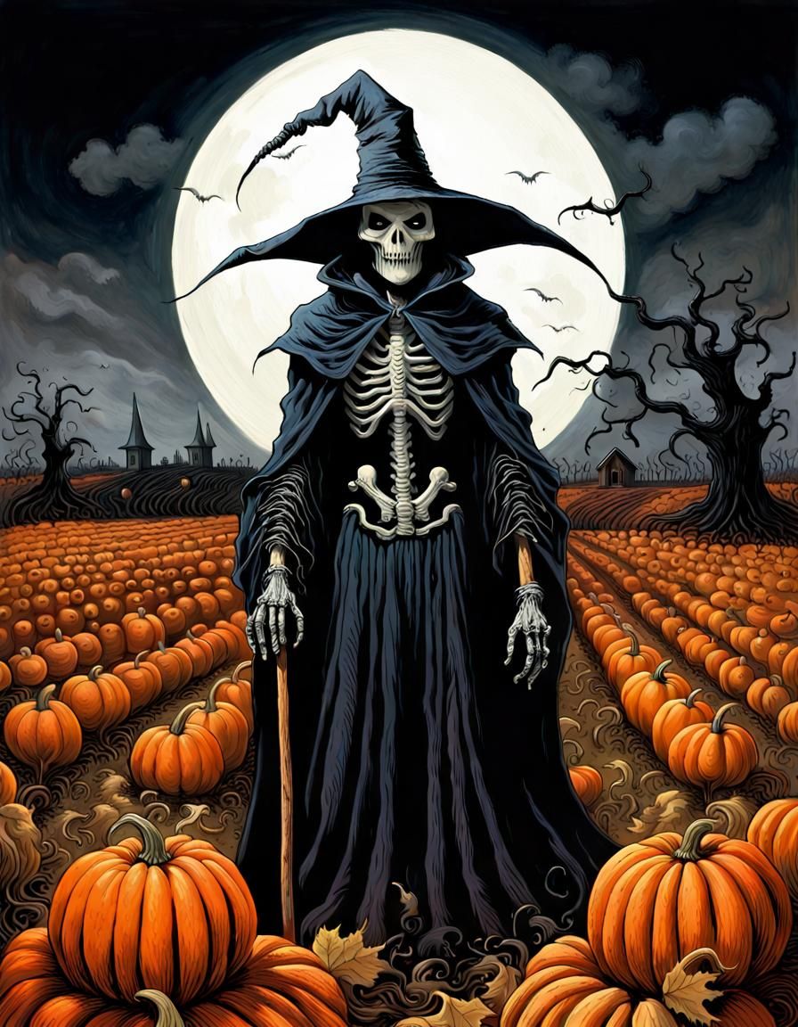 Scarecrow Grim Reaper in Pumpkin Field, Macabre Art