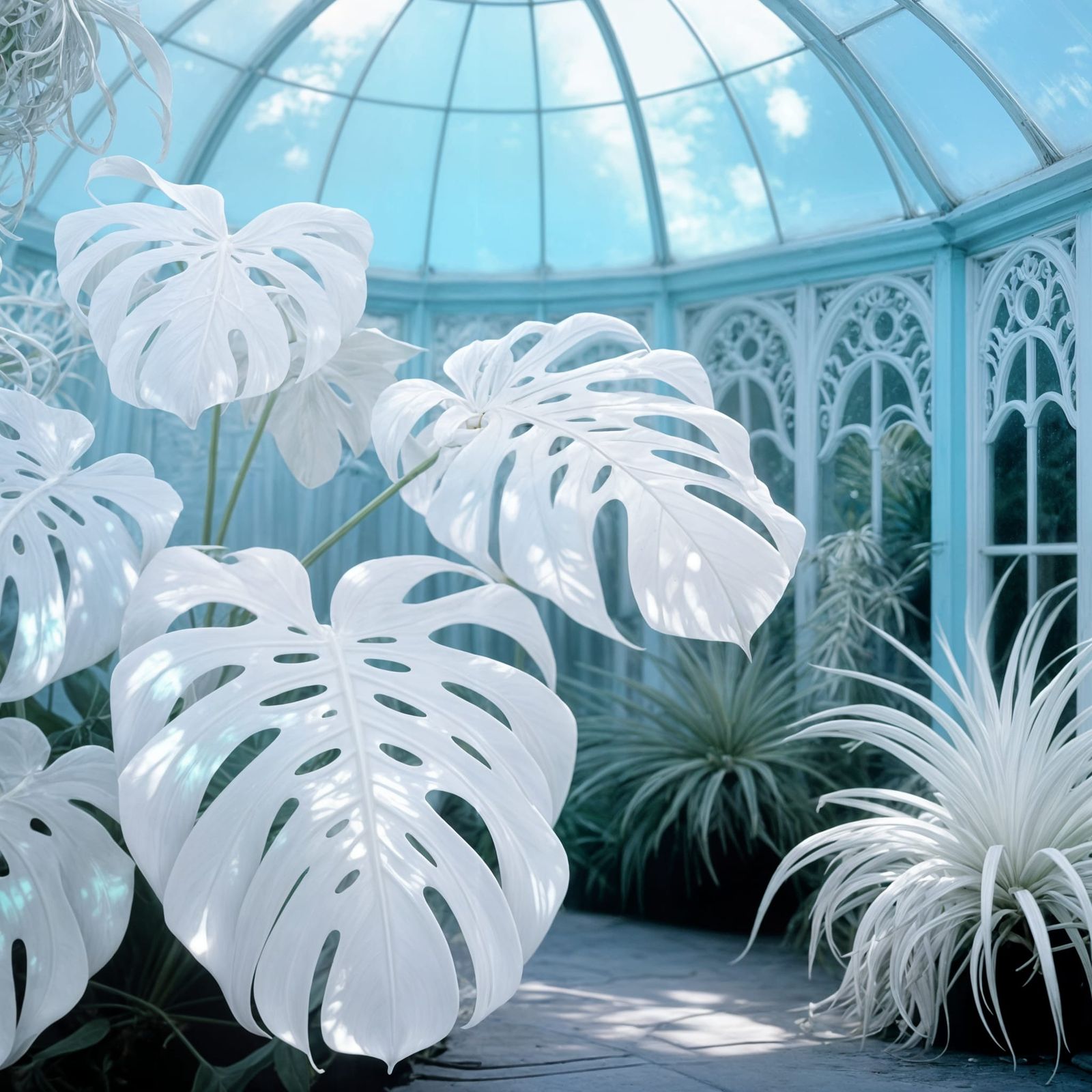 Ethereal White Monsteras in Vintage Conservatory