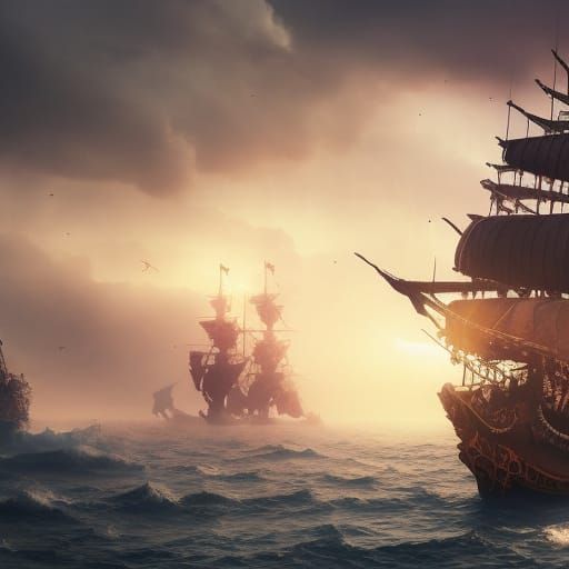 Pirate Ship Soaring Through Sky: Fantasy Concept Art