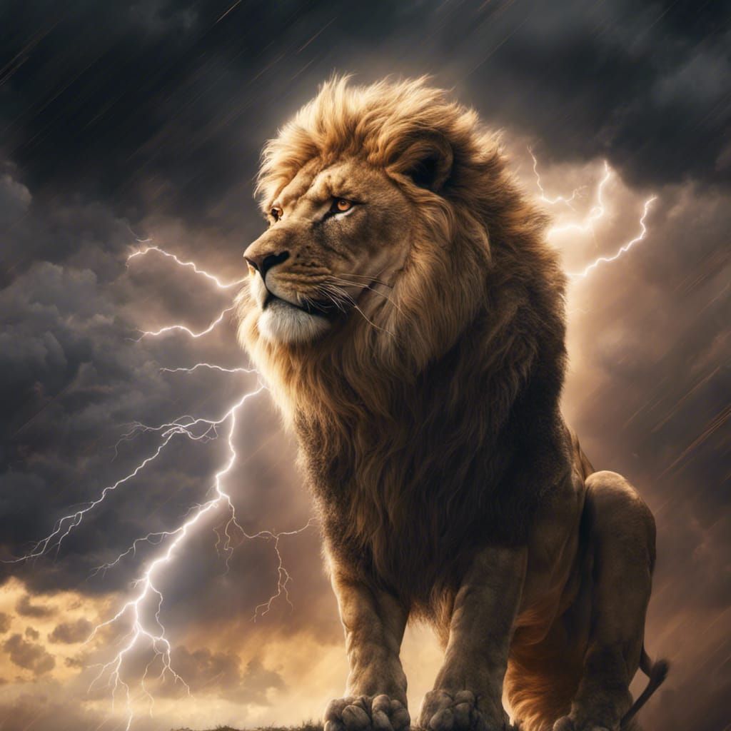 Lion Silhouette in Storm Clouds with Lightning