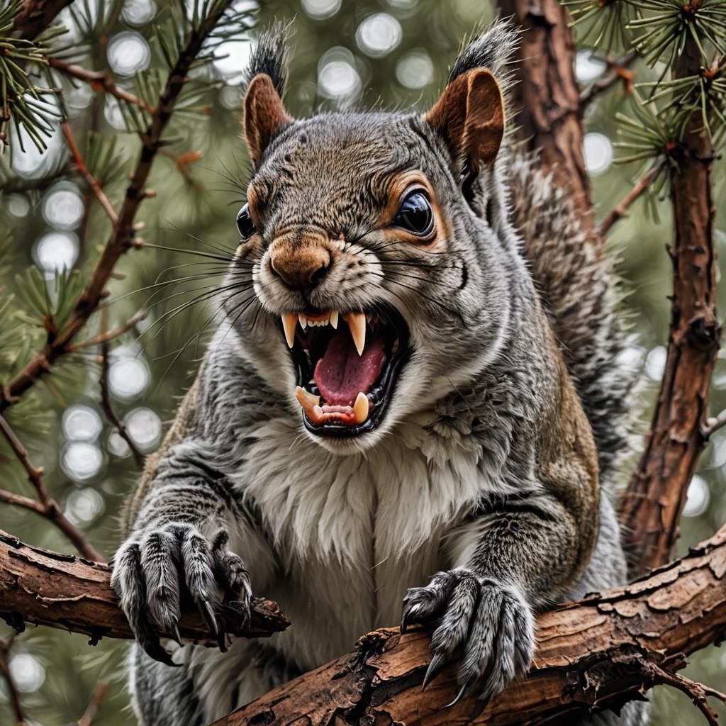 Ferocious Evil Squirrel on Pine Branch