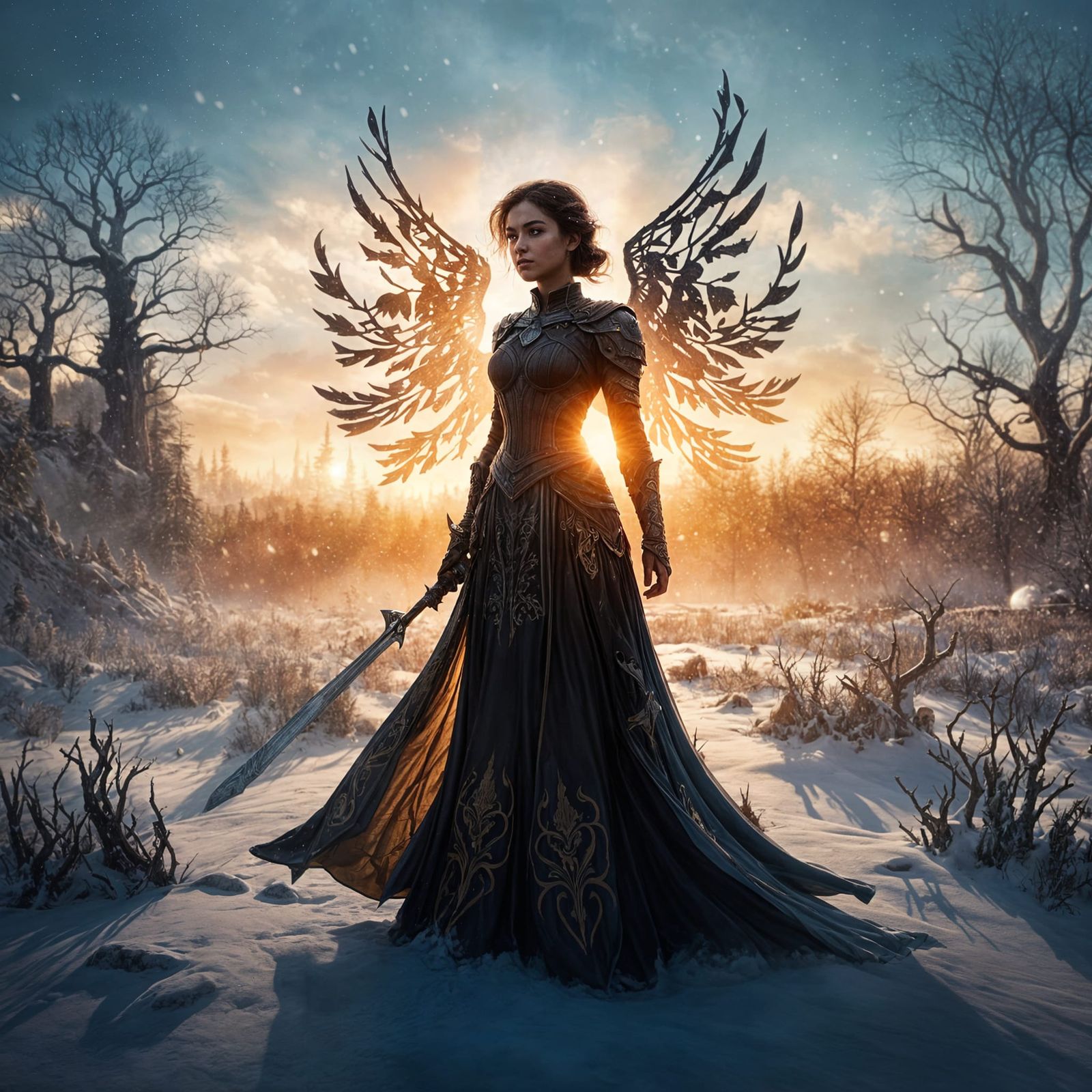 Valkyrie Silhouette in Snowy Field, Fantasy Concept Art