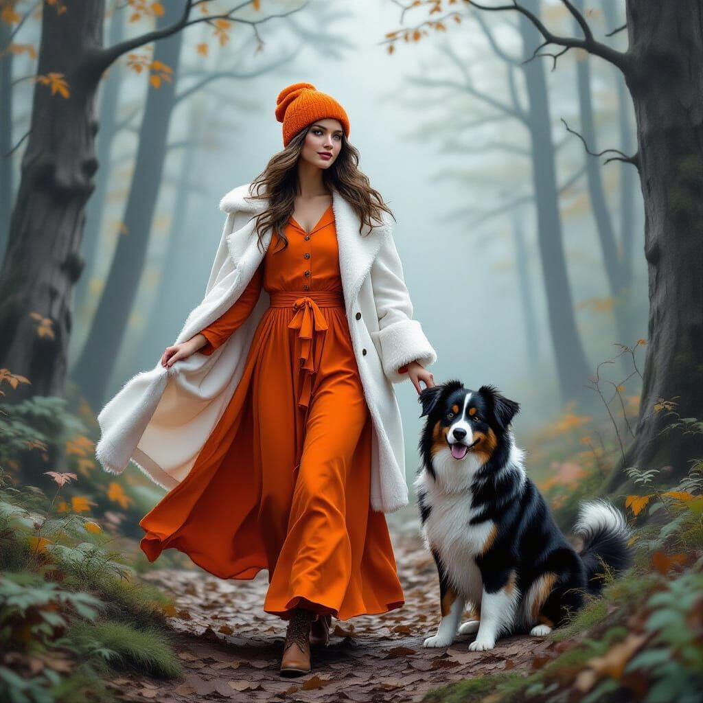 Woman and Dog in Mystical Forest, Fantasy Art