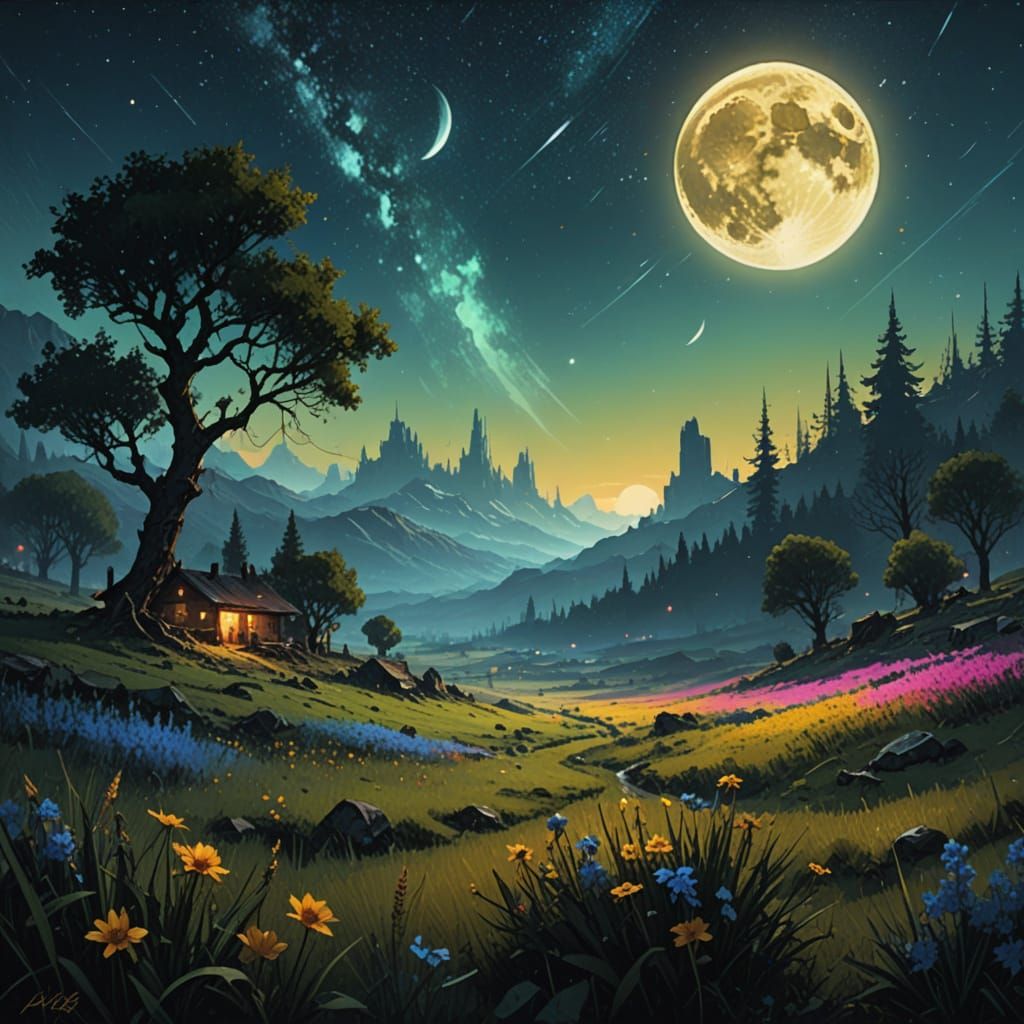 Retro Fantasy Spring Meadow Under Moonlit Sky