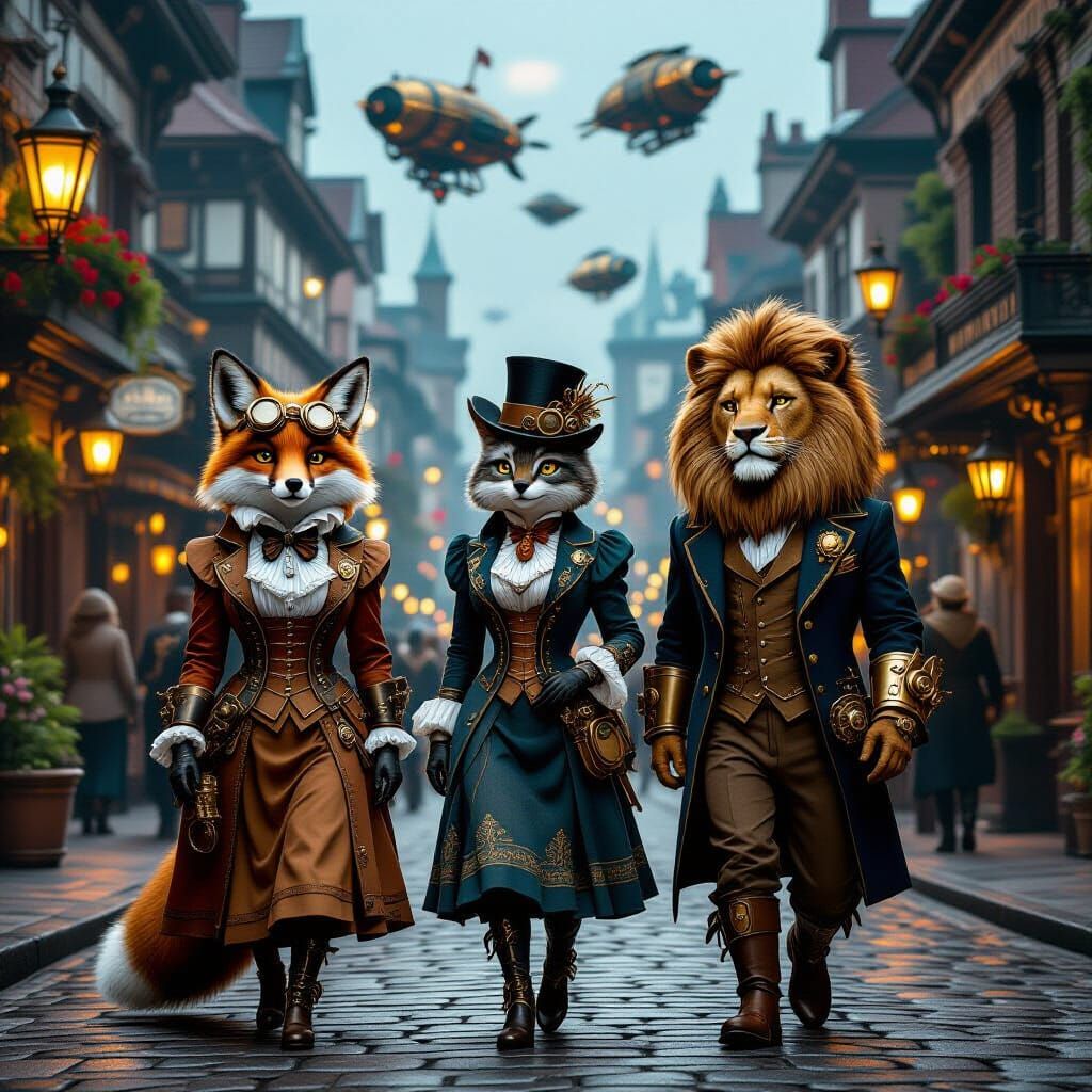 Steampunk Town with Animal-Headed Citizens in Victorian Atti...